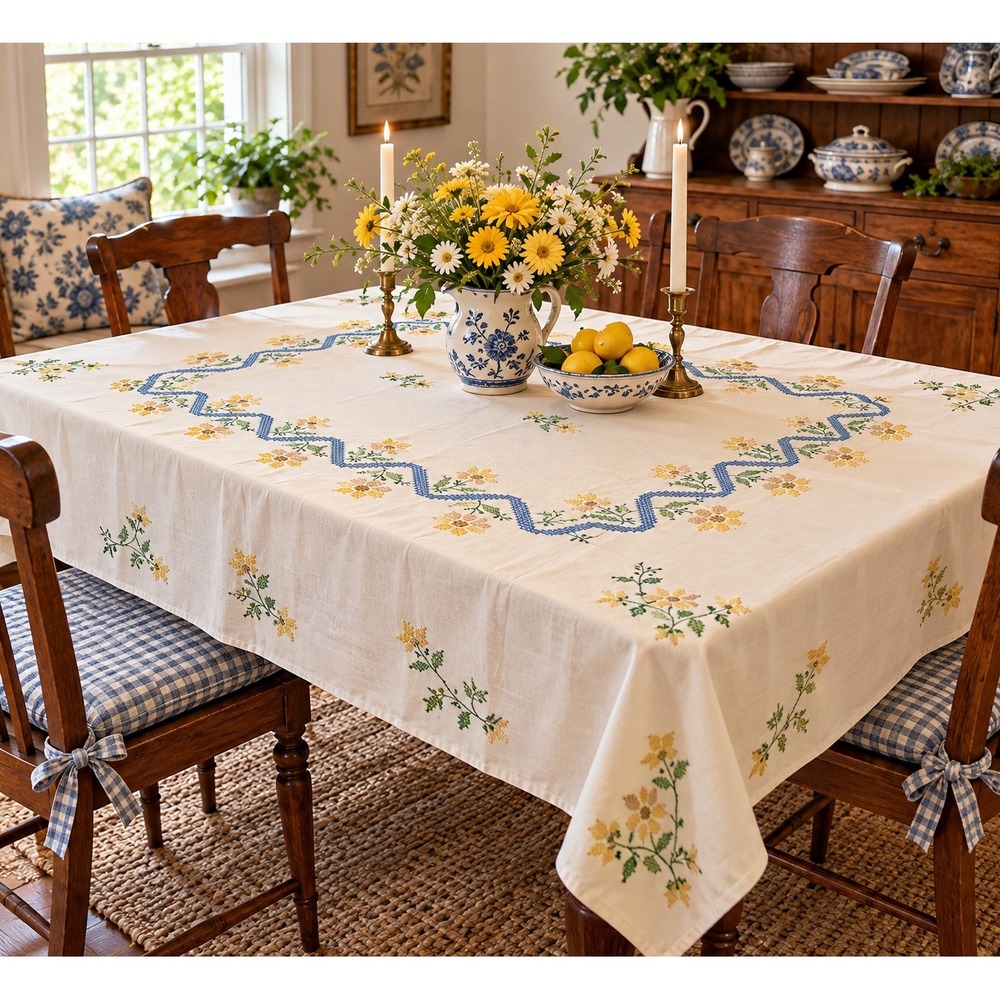 Vintage 1940s Hand Embroidered Tablecloth 68x50 Floral Cross Stitch Blue Yellow